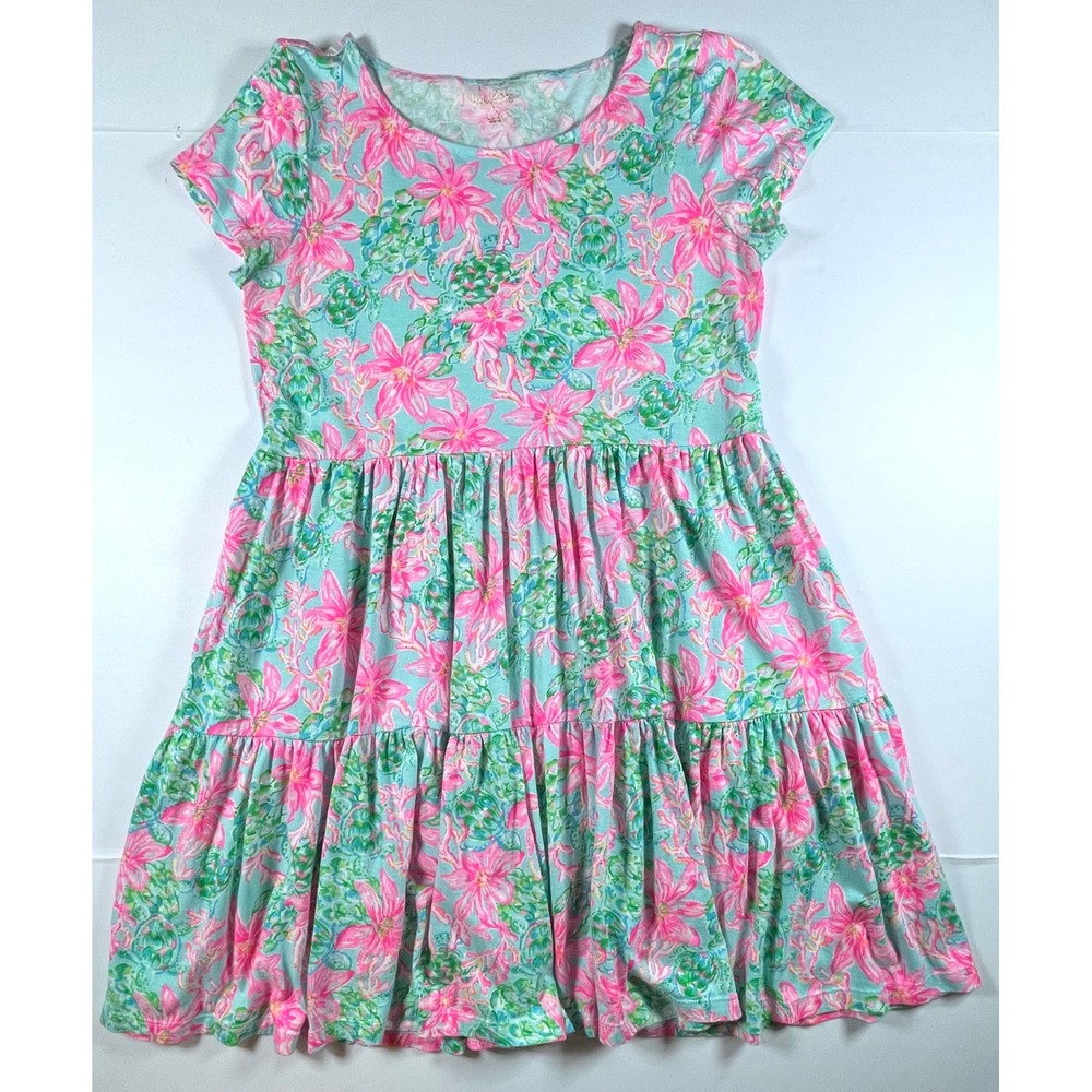 Lilly Pulitzer Tiered Dress Womens S Blue Pink Sea Turtle Floral Knit Resortwear